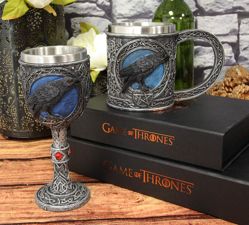 Ebros Moonlight Raven Crow With Celtic Tribal Tattoo Wine Goblet And Mug Set