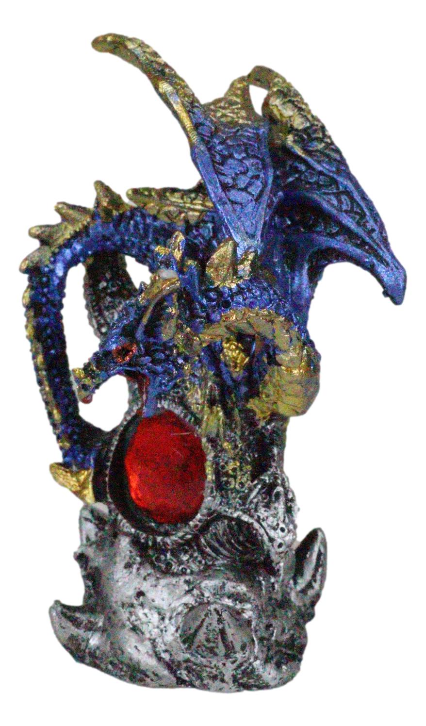 Blue Rune Dragon Guarding Ancient Relic Ruins With Red Crystal Gem Figurine