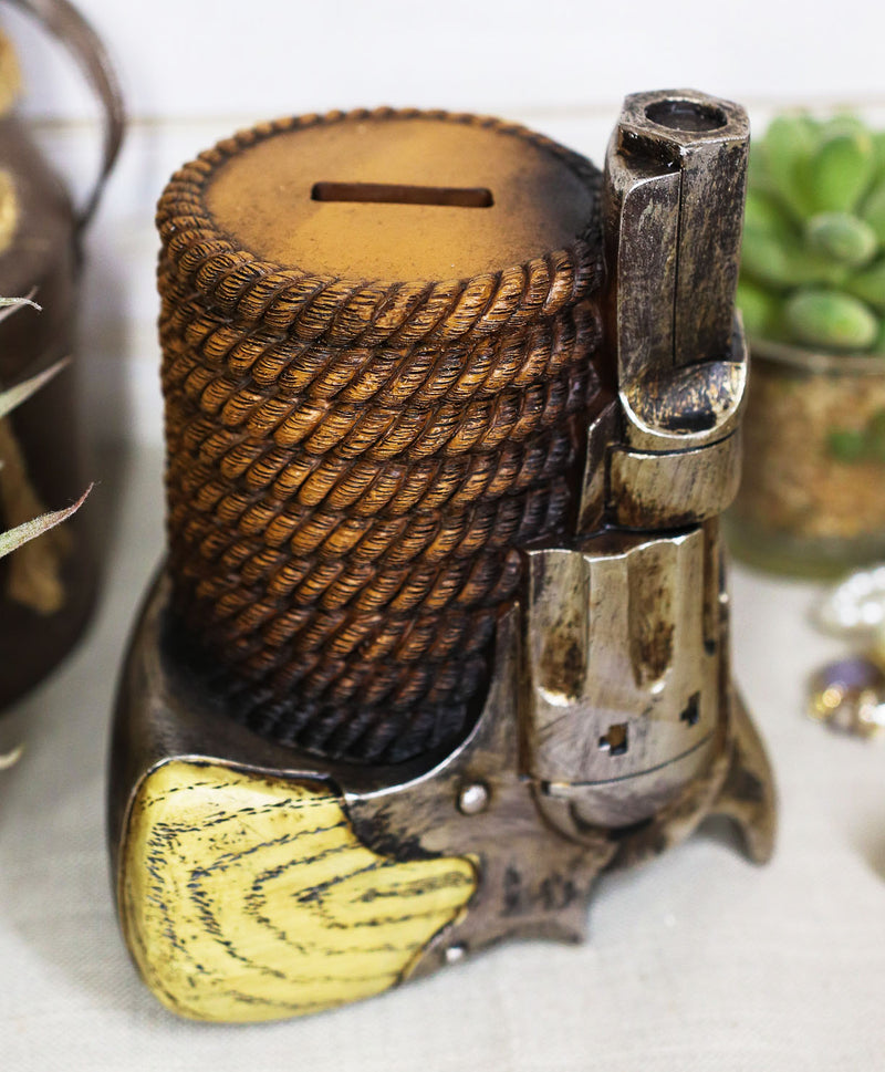 Ebros Western Rustic Revolver Six Shooter And Cowboy Ropes Piggy Coin Bank Figurine