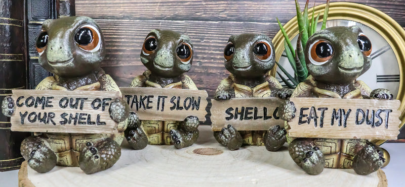 Whimsical Cute Sea Turtles Set of Four Figurine Holding Signs With Funny Sayings