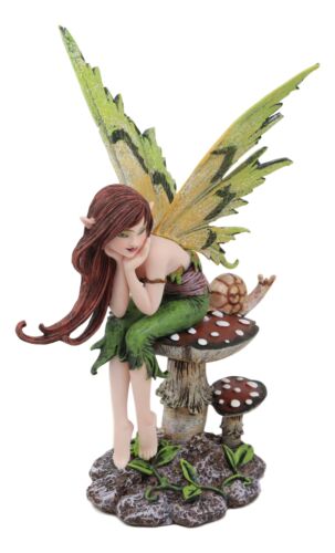 Ebros Amy Brown Thinking Of You Fairy Sitting On Wild Giant Mushroom Statue - Ebros Gift