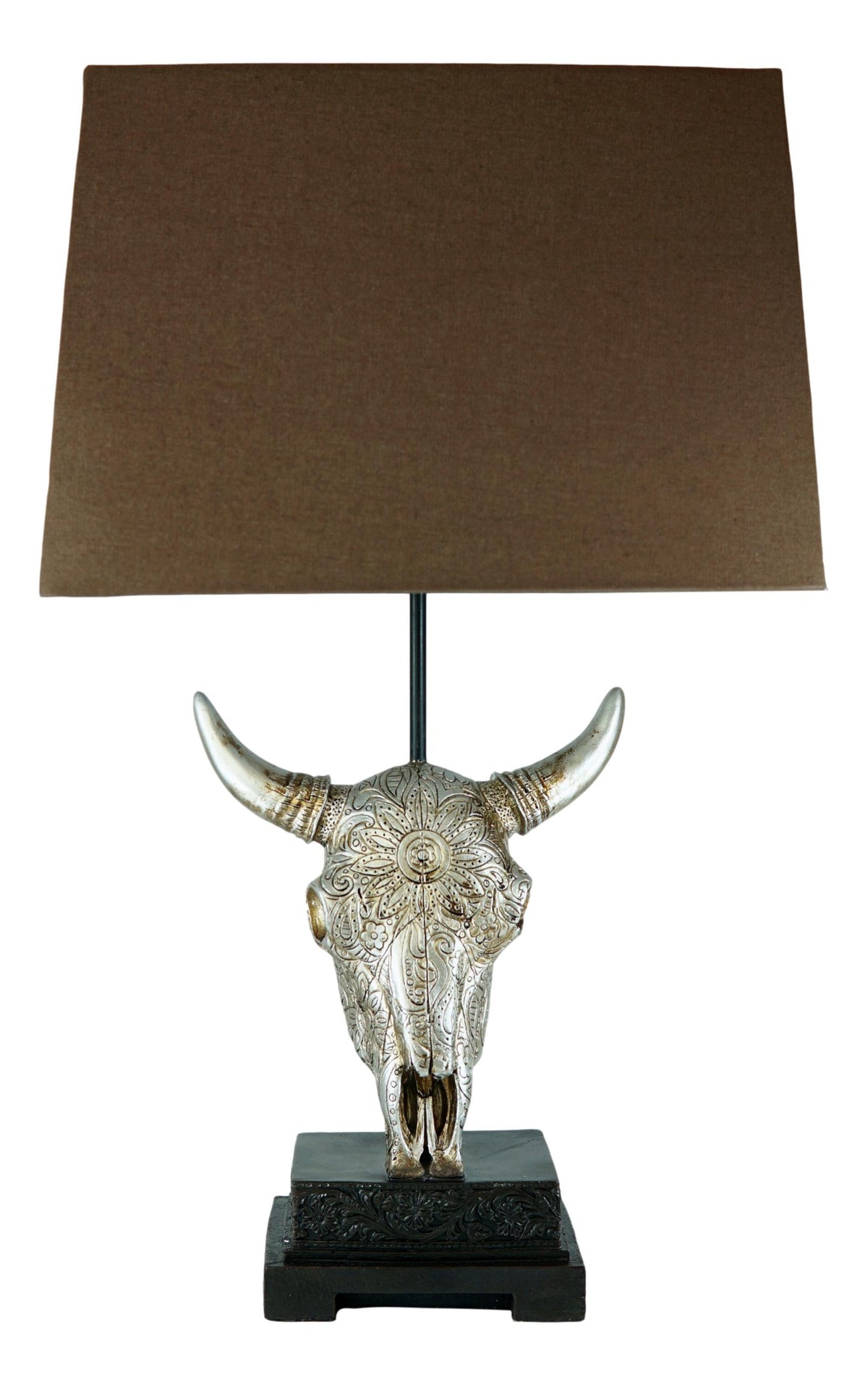 26" Southwest Vintage Rustic Floral Scroll Steer Bison Skull Table Lamp W/ Shade