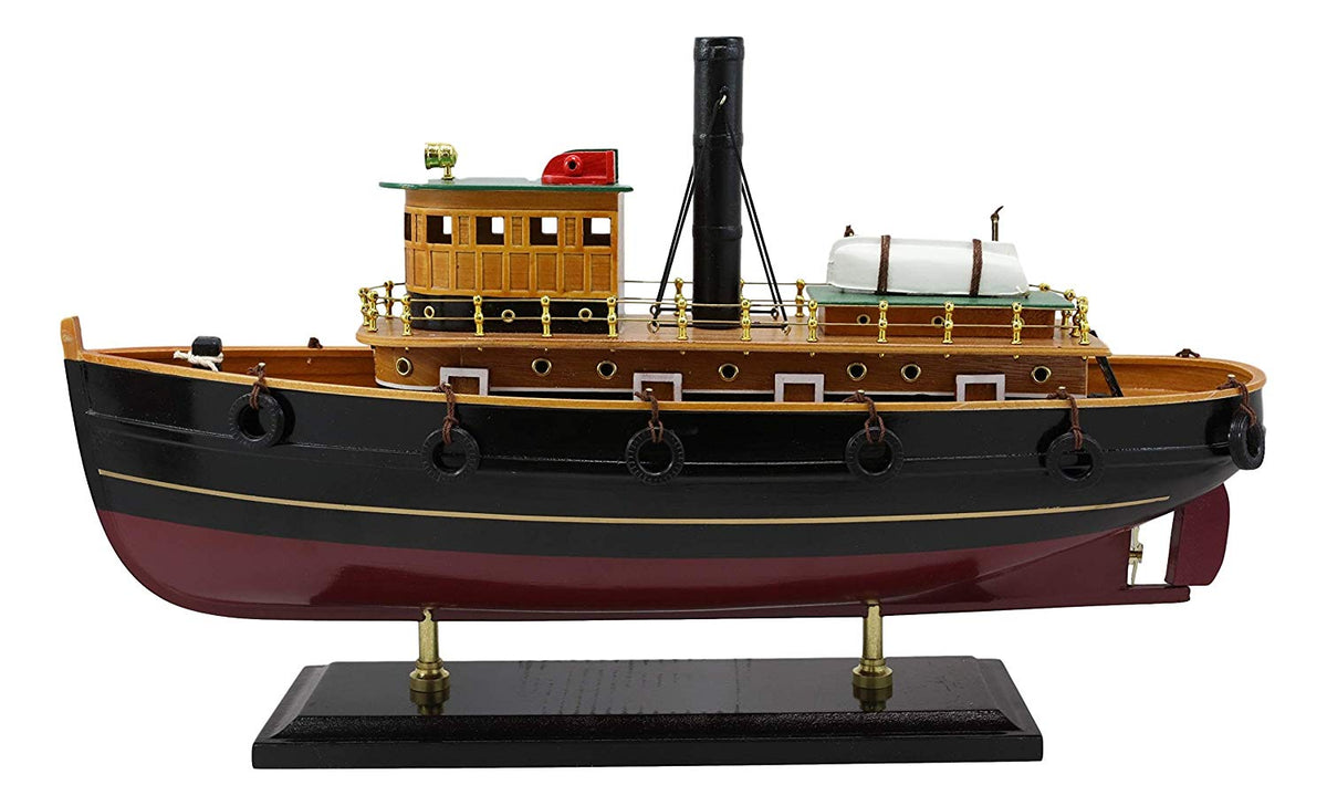 Ebros 18" Long Handicraft Tugboat Boat Model Statue with Wood Base Stand Figure - Ebros Gift