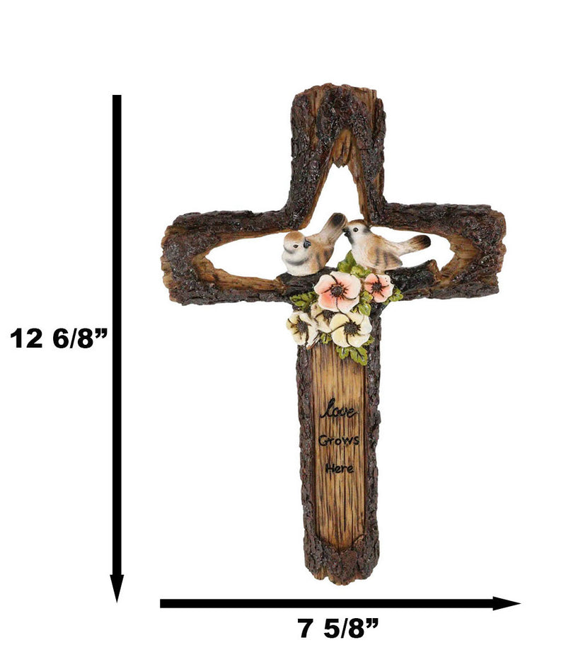 Rustic Love Grows Here Birds On Branch Flowers Faux Wooden Tree Bark Wall Cross