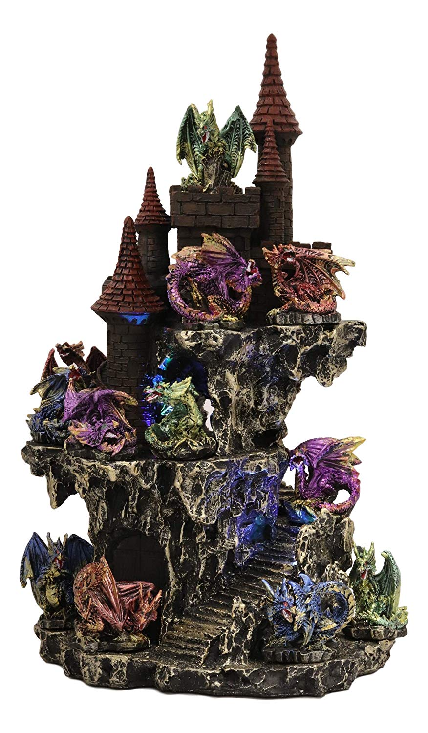 Ebros Medieval Renaissance Castle Tower Fortress by Stepped Rocky Cliff Display Stand Statue With 12 Miniature Dragons In Different Poses Figurine 13 Piece Set Featuring Color Changing LED Night Light