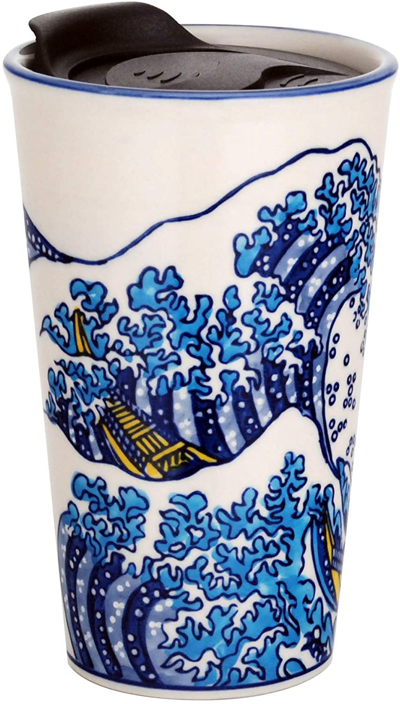 Hokusai Great Wave Mount Fuji Ceramic Travel Mug Cup 12oz With Lid Hot Or Cold