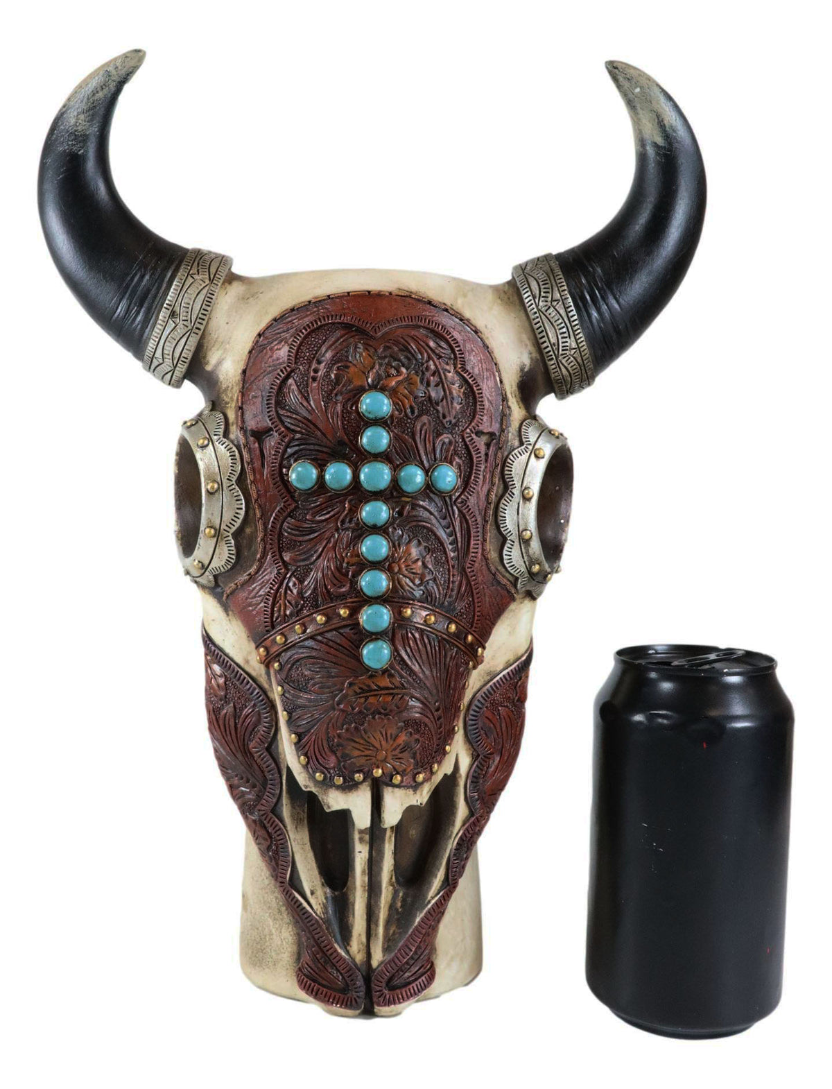 Southwest Cow Skull With Tooled Leather Mask And Turquoise Cross Vase Figurine