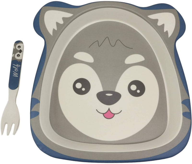 Ebros Gray Wolf 5 Piece Organic Bamboo Dinnerware Set For Kids Children Toddler