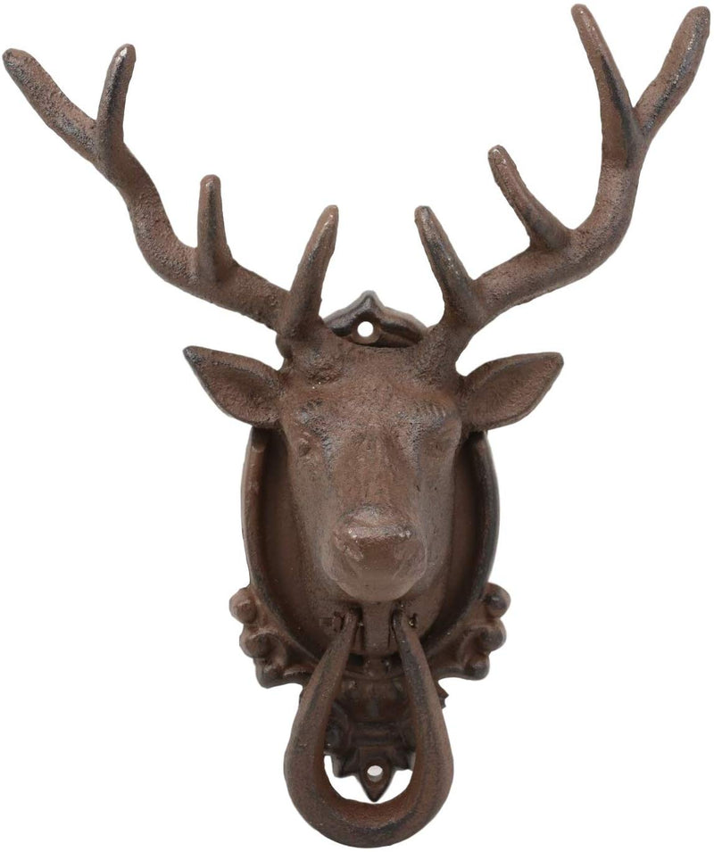 Ebros Gift Rustic Western Forest Horned Elk Deer Head Cast Iron Door Knocker 10.5" Tall Figurine Decorative Knockers Buck for Hunter Cabin Lodge Home Accent Decor Hardware