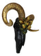 Rustic Black Ram Skull With Golden Horns And Tulip Flowers Wall Trophy Decor
