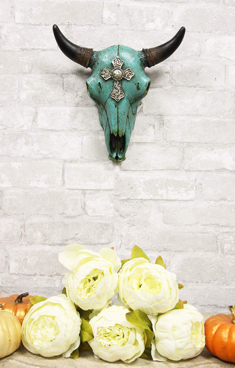 Ebros 10.5" Wide Western Southwest Steer Bison Buffalo Bull Cow Horned Skull Head Turquoise Silver Cross with Floral Lace Design Wall Mount Decor - Ebros Gift