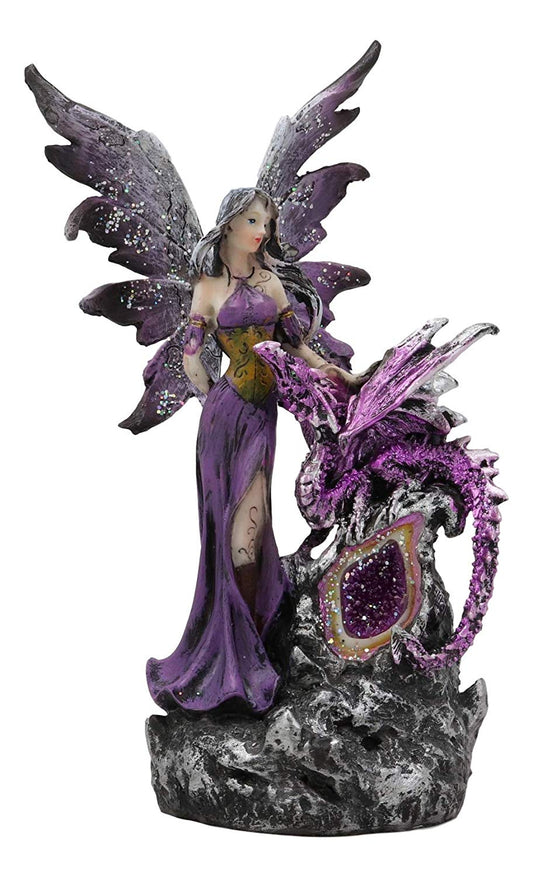 Purple Fairy With Dragon Sitting On LED Crystal Geode Night Light Statue Decor - Ebros Gift