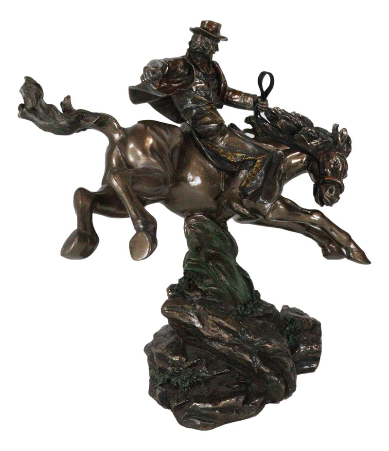 Rustic Western Rodeo Cowboy Riding On Galloping Wild Mustang Horse Figurine