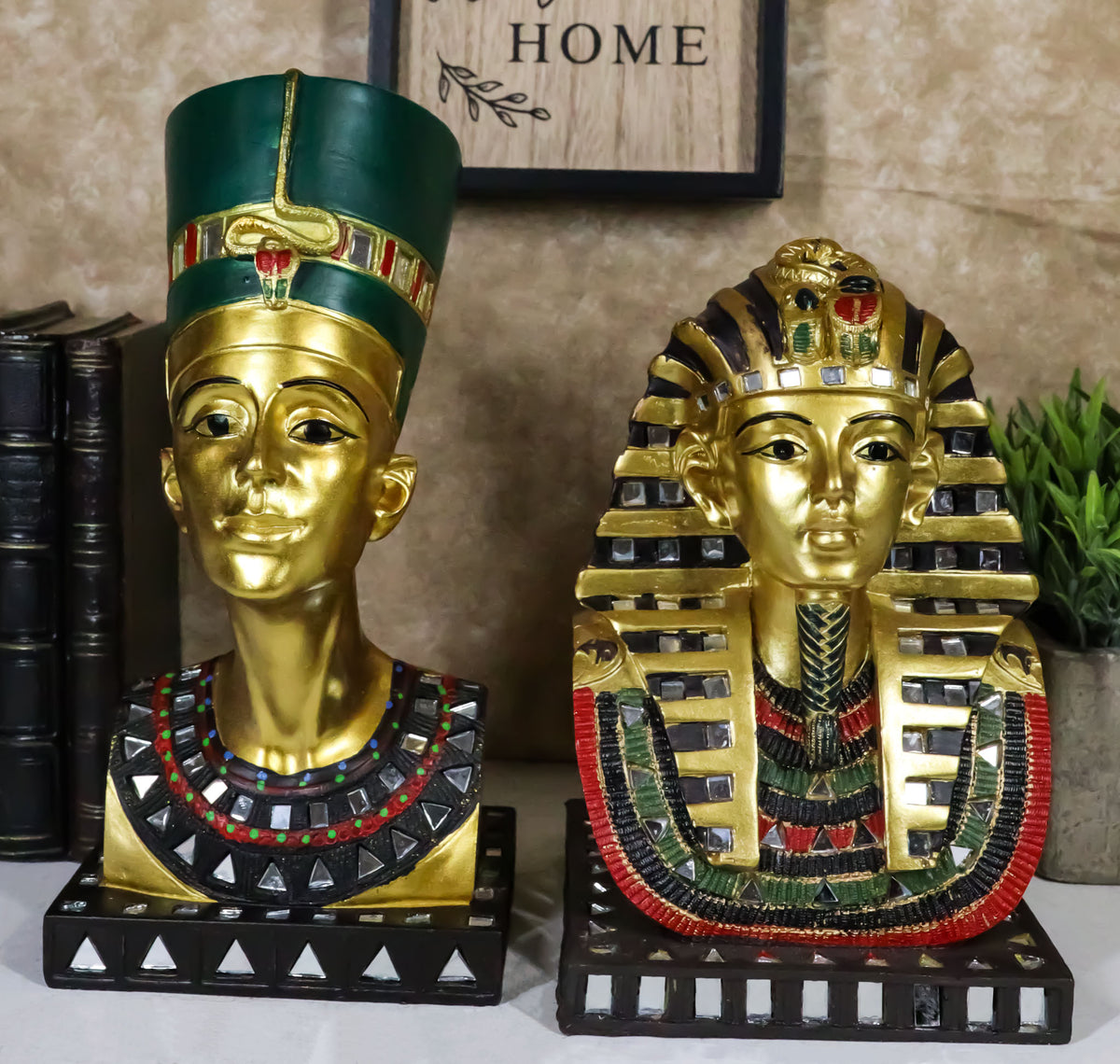 Ebros Golden Mask of Egypt Pharaoh King TUT and Queen Nefertiti Statue Set of 2 - Ebros Gift