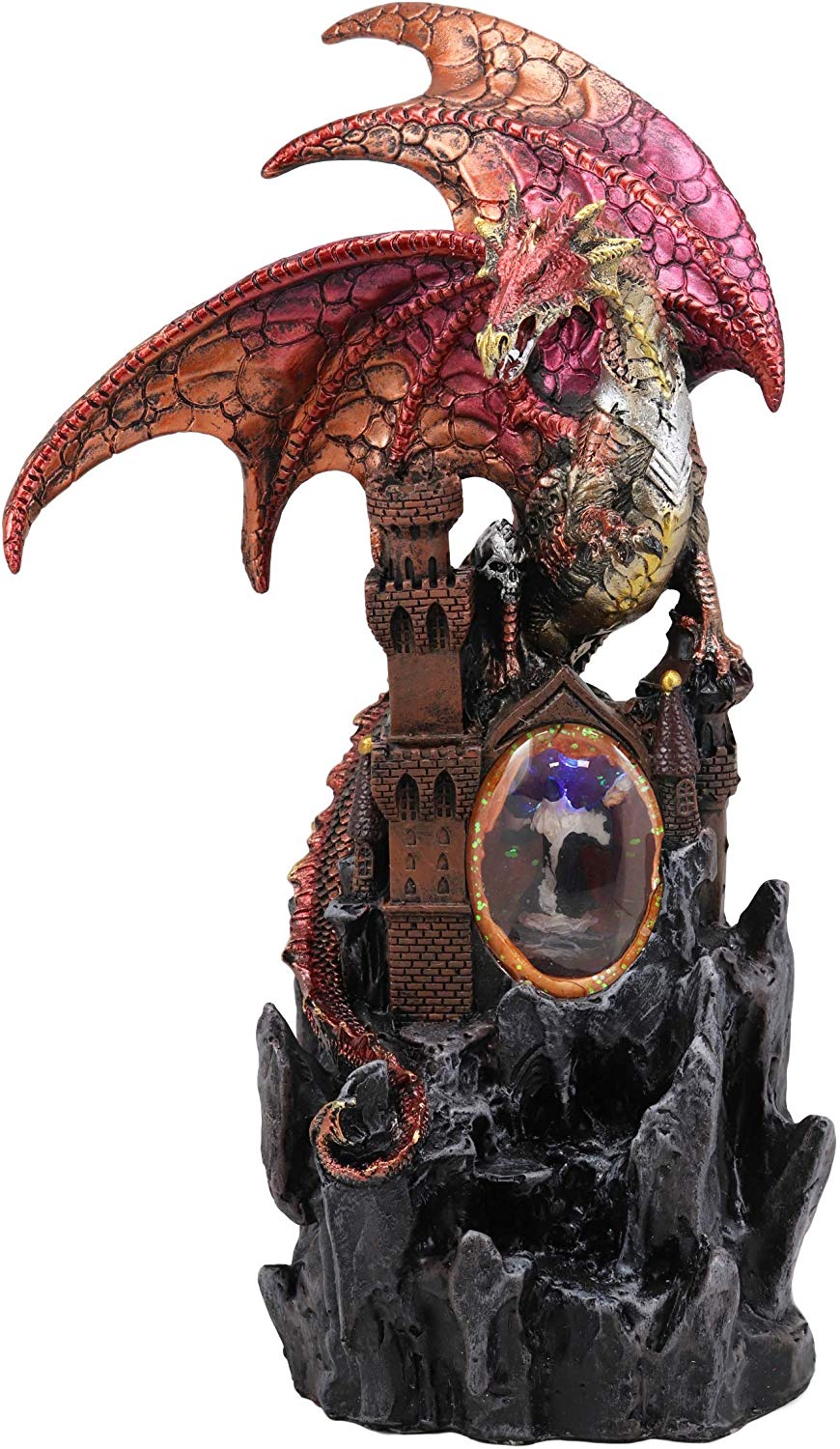 Ebros Large Red Fire Dragon On Rocky Castle Statue With Wizard LED Light Glass Ball - Ebros Gift