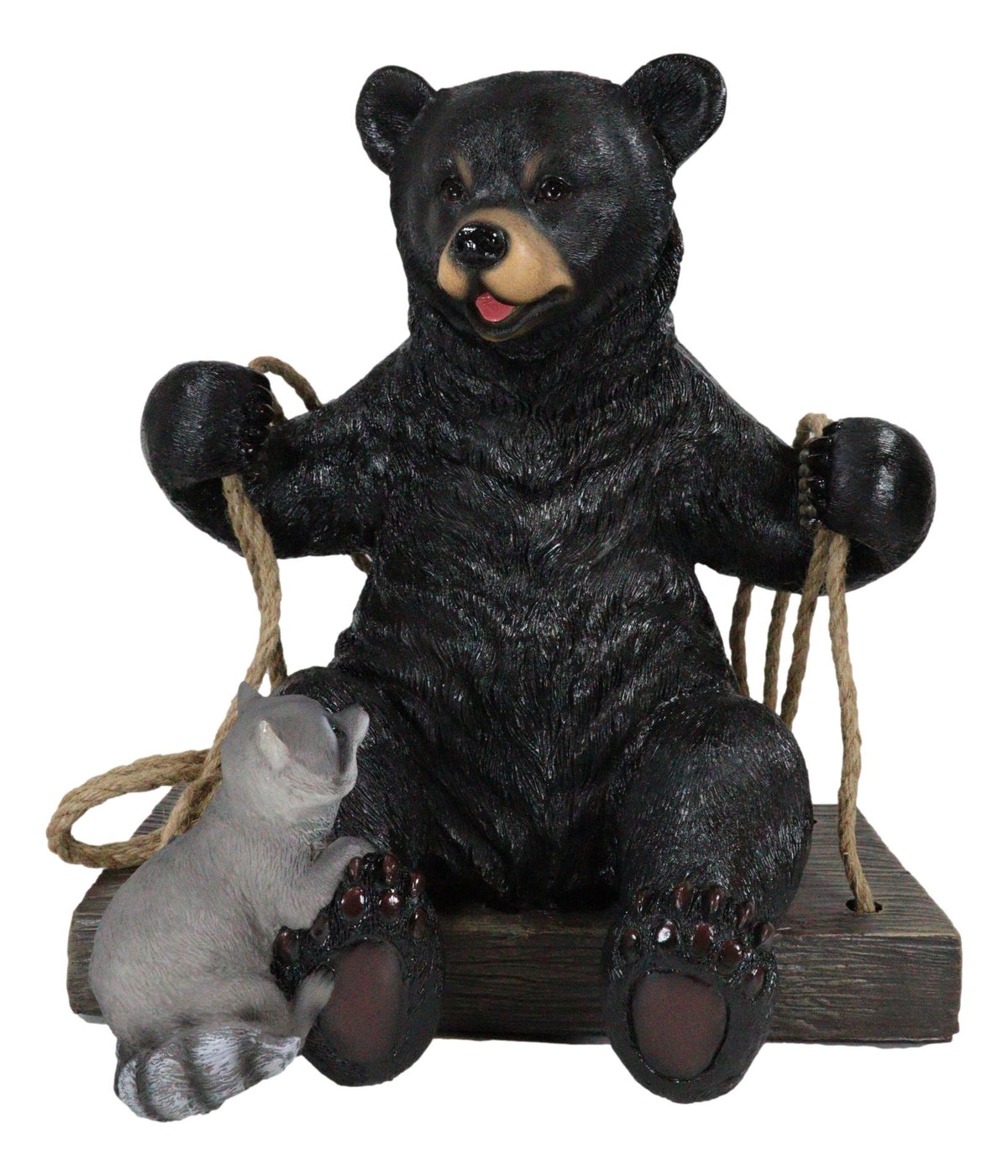 Large Swinging Black Bear With Buddy Raccoon Hanging Statue With Rope Ties 15"H - Ebros Gift