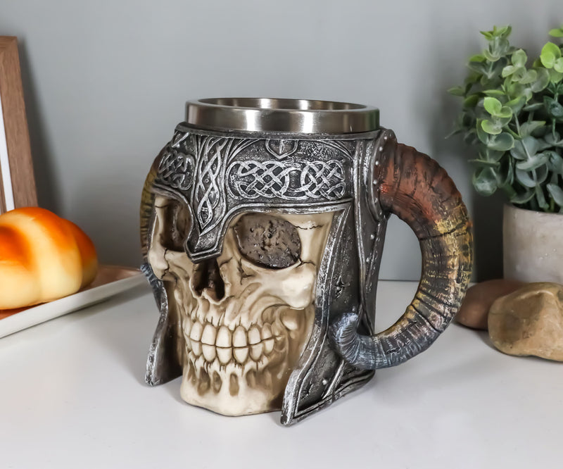 Ebros Viking Ram Horned Warrior Skull With Battle Helmet Tankard Cup Mug 13oz