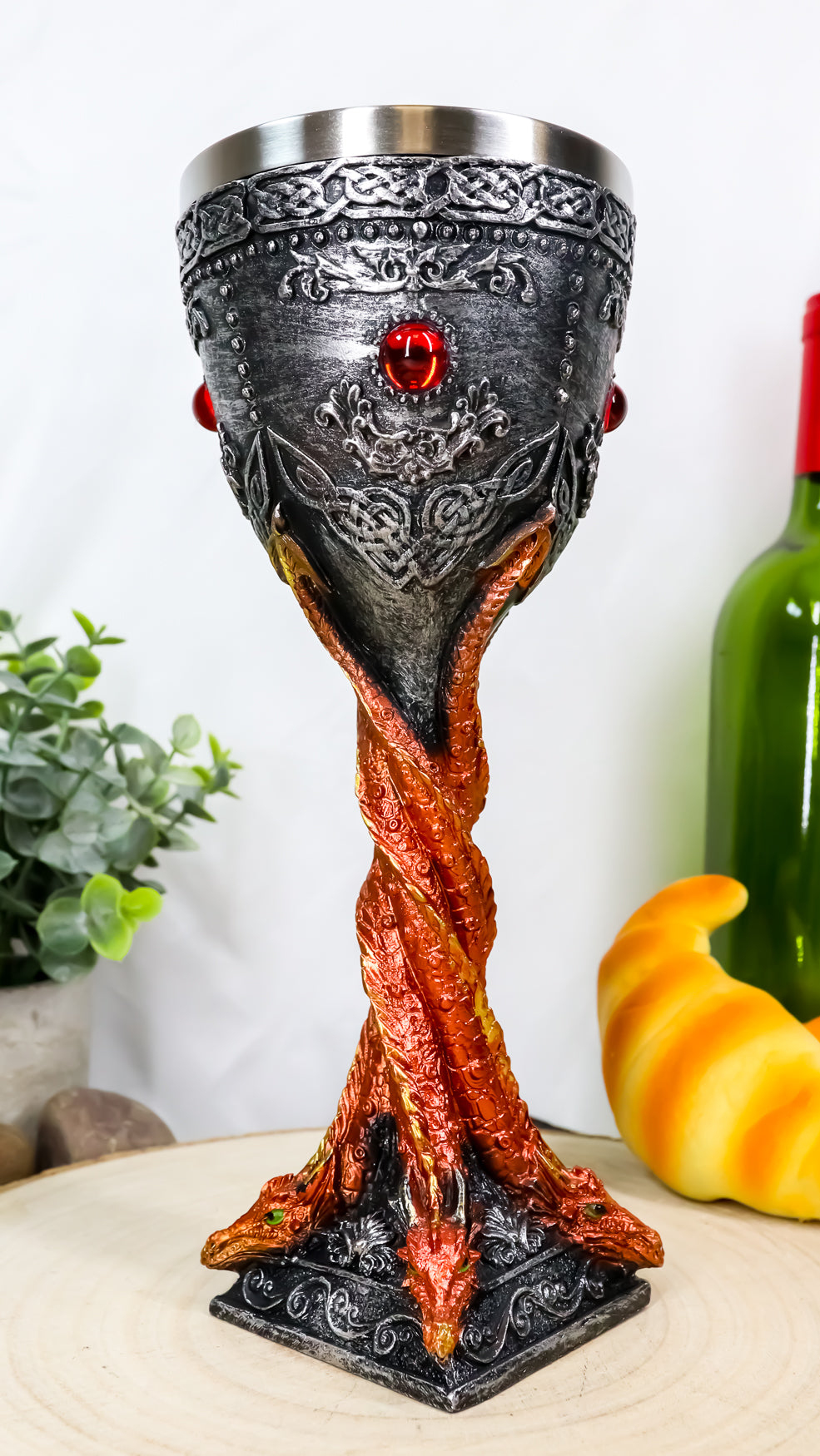 Ebros Large Fire Flame Twisted Dragons 9.5"H Wine Drink Goblet Cup Chalice