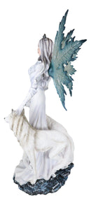 Large 23" Tall Blizzard Frost Flake Fairy With Two Snow Wolves Statue Figurine