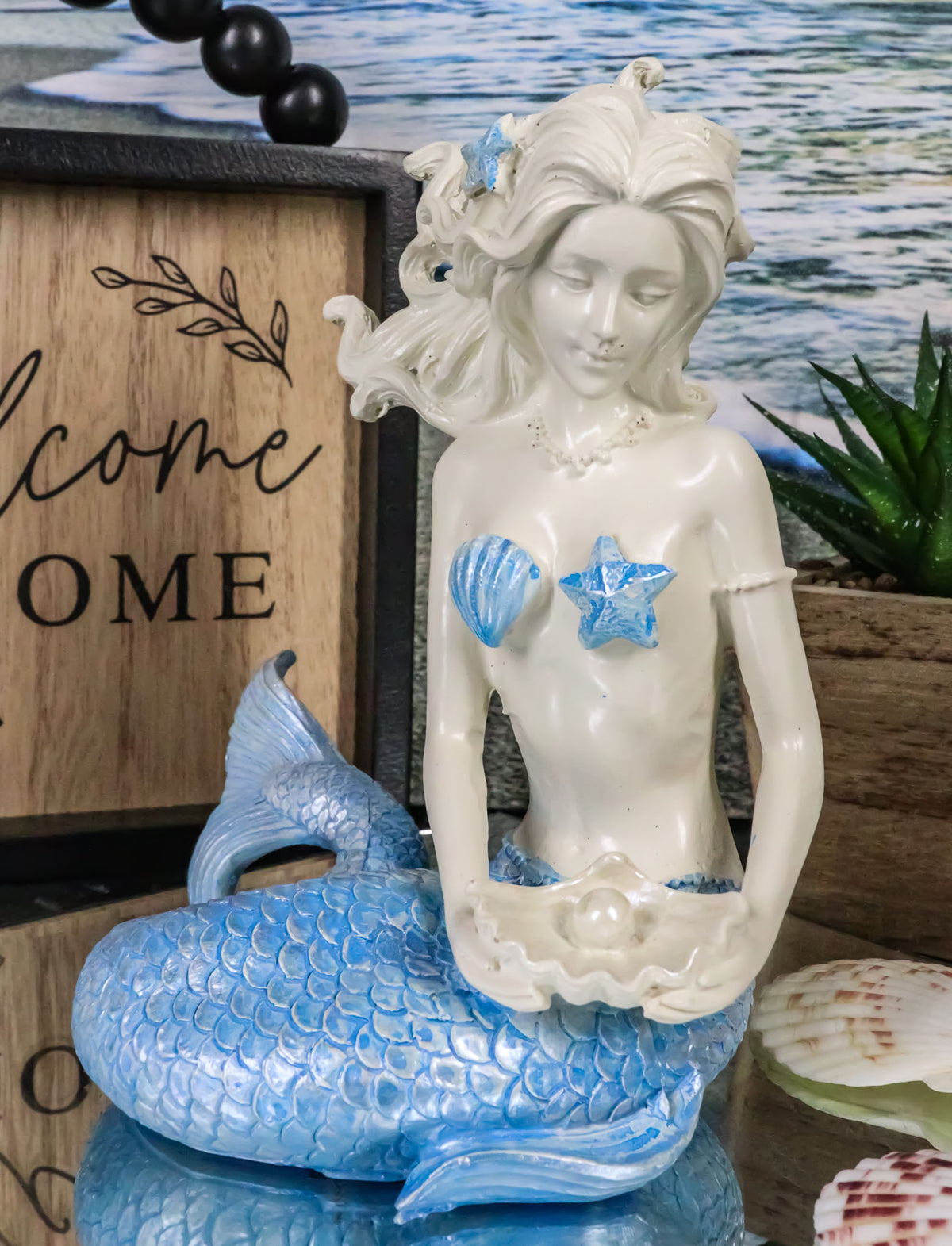 Nautical Ocean Goddess Pretty Mermaid With Blue Tail Holding Pearl Shell Statue
