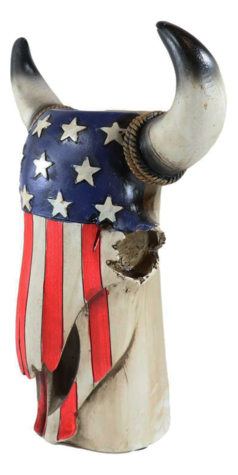 Western Patriotic US American Flag Star Spangled Banner Cow Skull Vase Planter