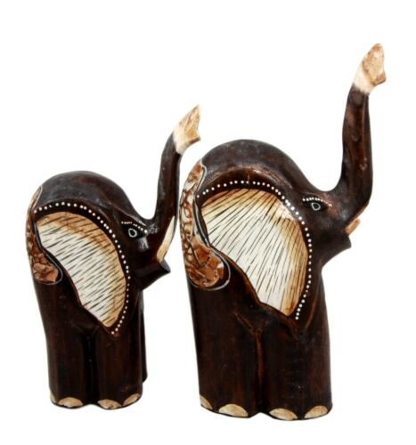 Balinese Wood Handicrafts Abstract Jungle Elephant And Calf Figurine Set 10"H