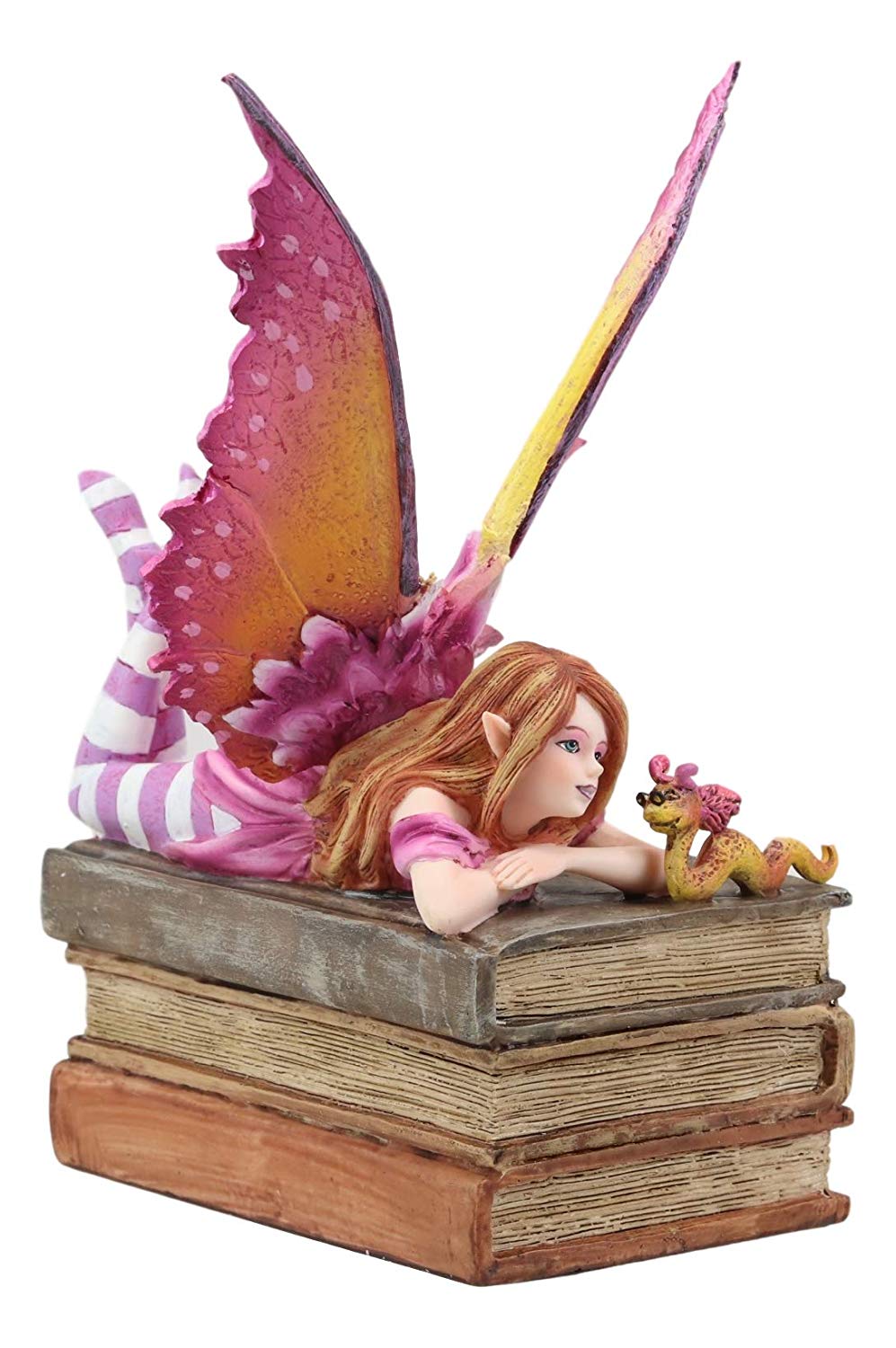 Ebros Amy Brown Autumn Pink Book Club Fan Fairy with Wyrmling Dragon On A Stack of Books Statue 7" High Fantasy Mythical Reading Faery FAE Magic Watercolor Collectible Decor Figurine - Ebros Gift
