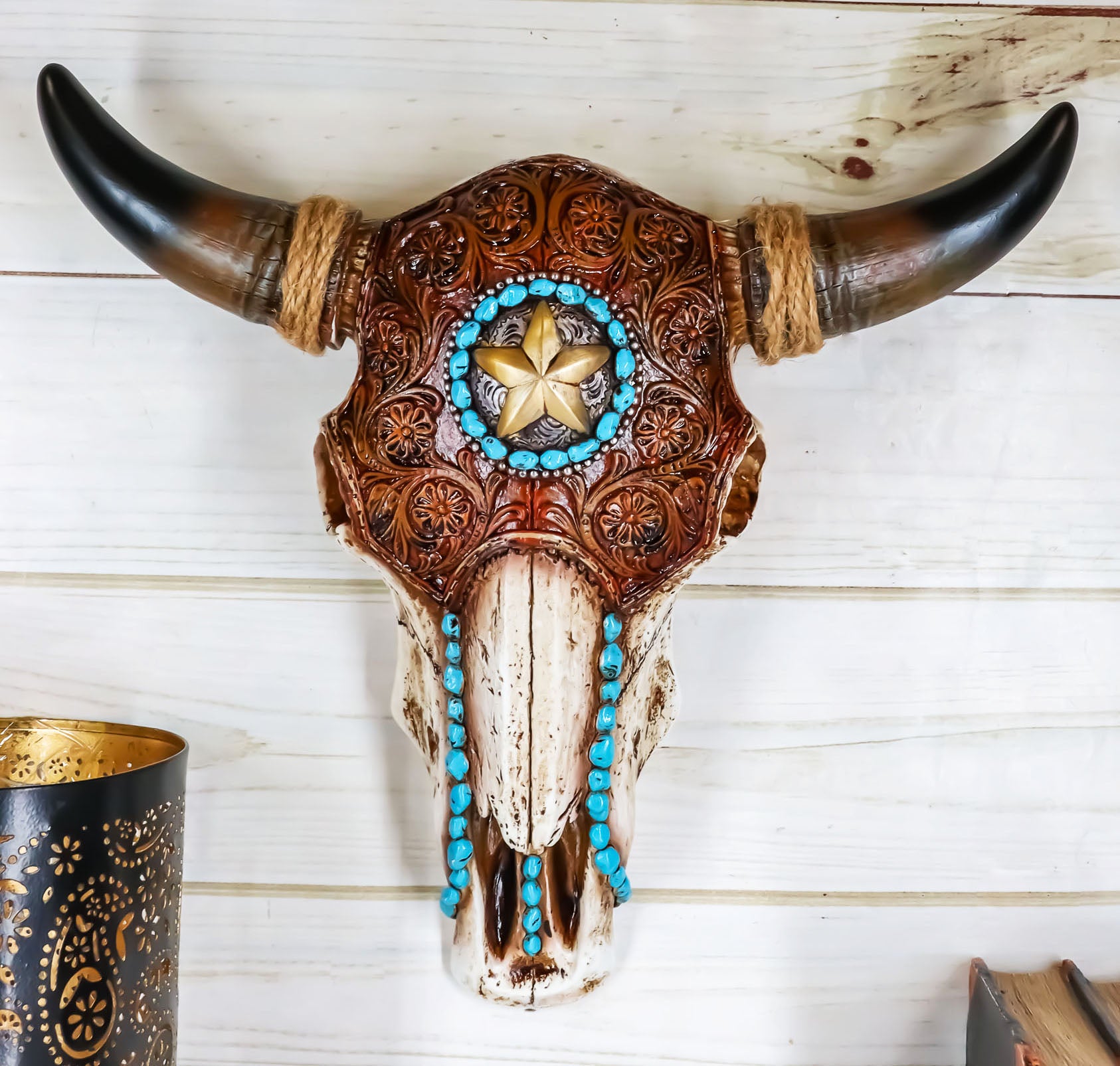 置物 Buffalo Bone Totempole Native American Indian Totem Pole Statue Buffalo Bear & Fox