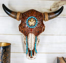Ebros Western Star Tooled Leather Steer Bison Buffalo Bull Cow Horned Skull Wall Decor - Ebros Gift
