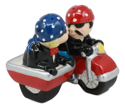 Patriotic Biker Couple Riding Motorcycle and Side Car Rig Salt Pepper Shakers