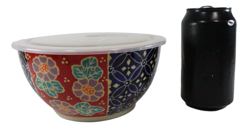 Set of 2 Ceramic Blue Red Floral Patterns Portion Meal Bowls 5 Cups Airtight Lid
