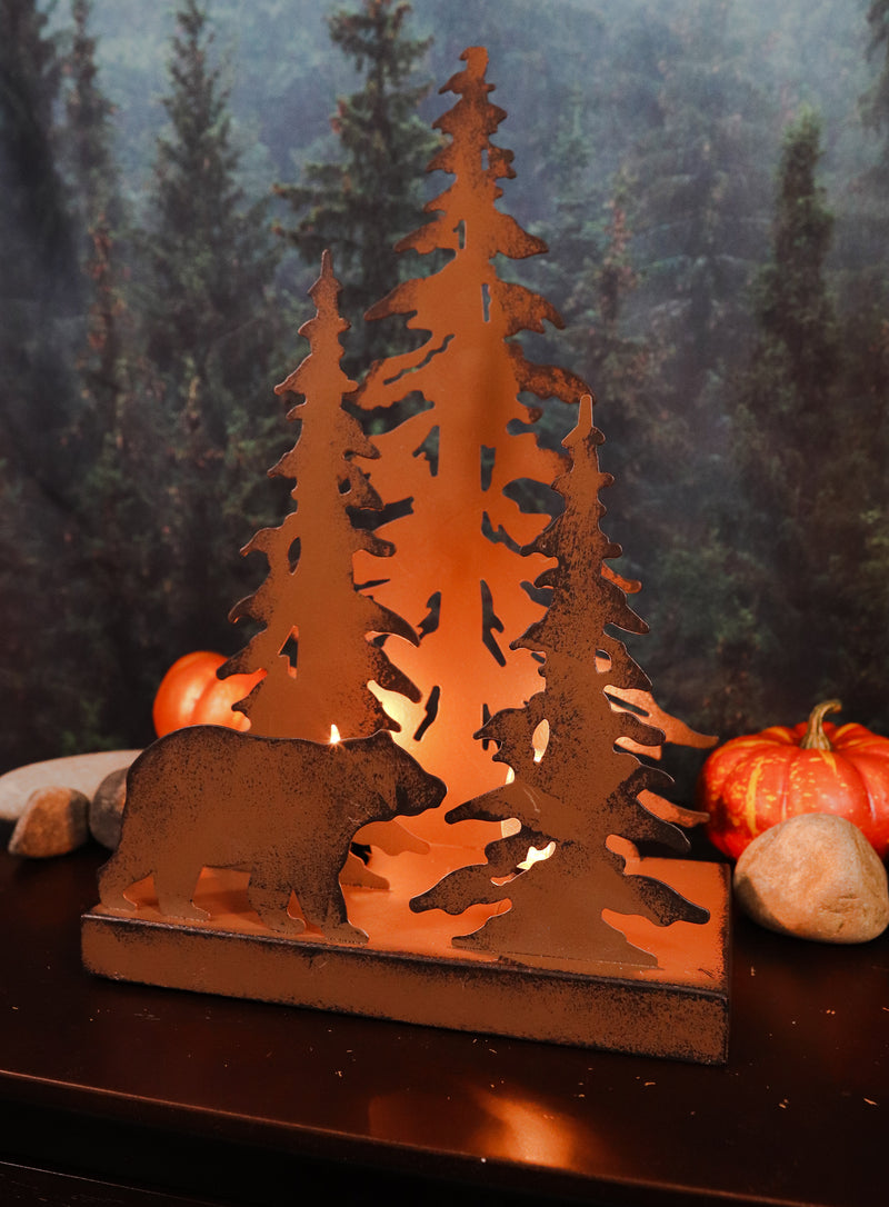 Ebros Metal Art Rustic Forest Black Bear By Pine Trees Night Light Lamp Sculpture