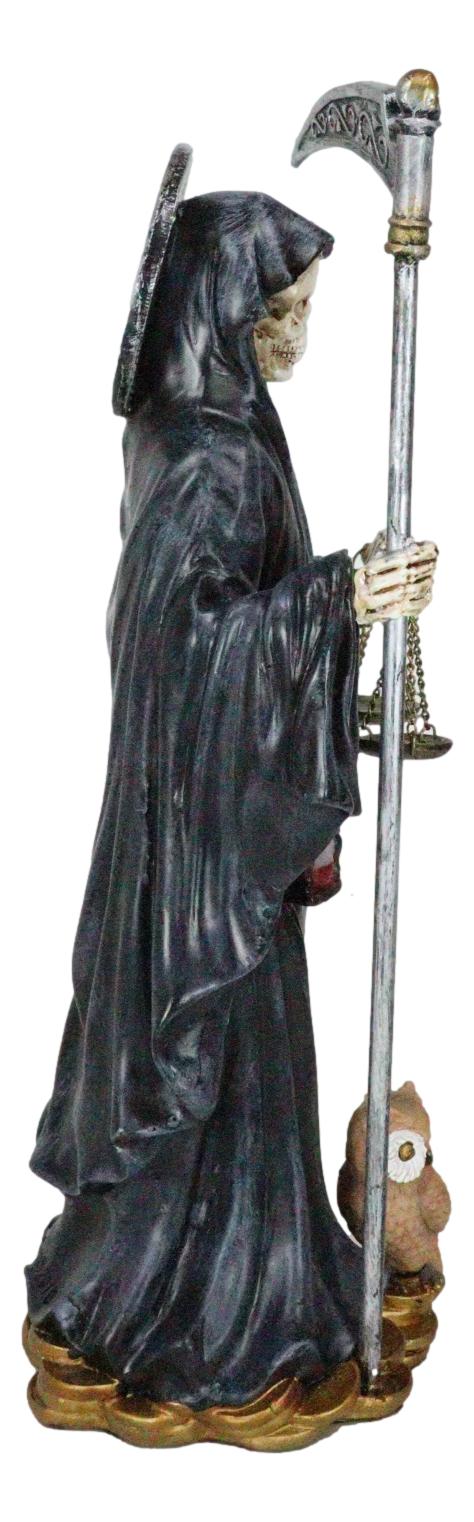 Standing Black Santa Muerte With Scythe Scales of Justice And Wise Owl Figurine