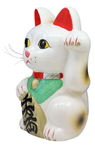 Japanese Lucky Charm White Beckoning Cat Maneki Neko Money Bank 8.5"H