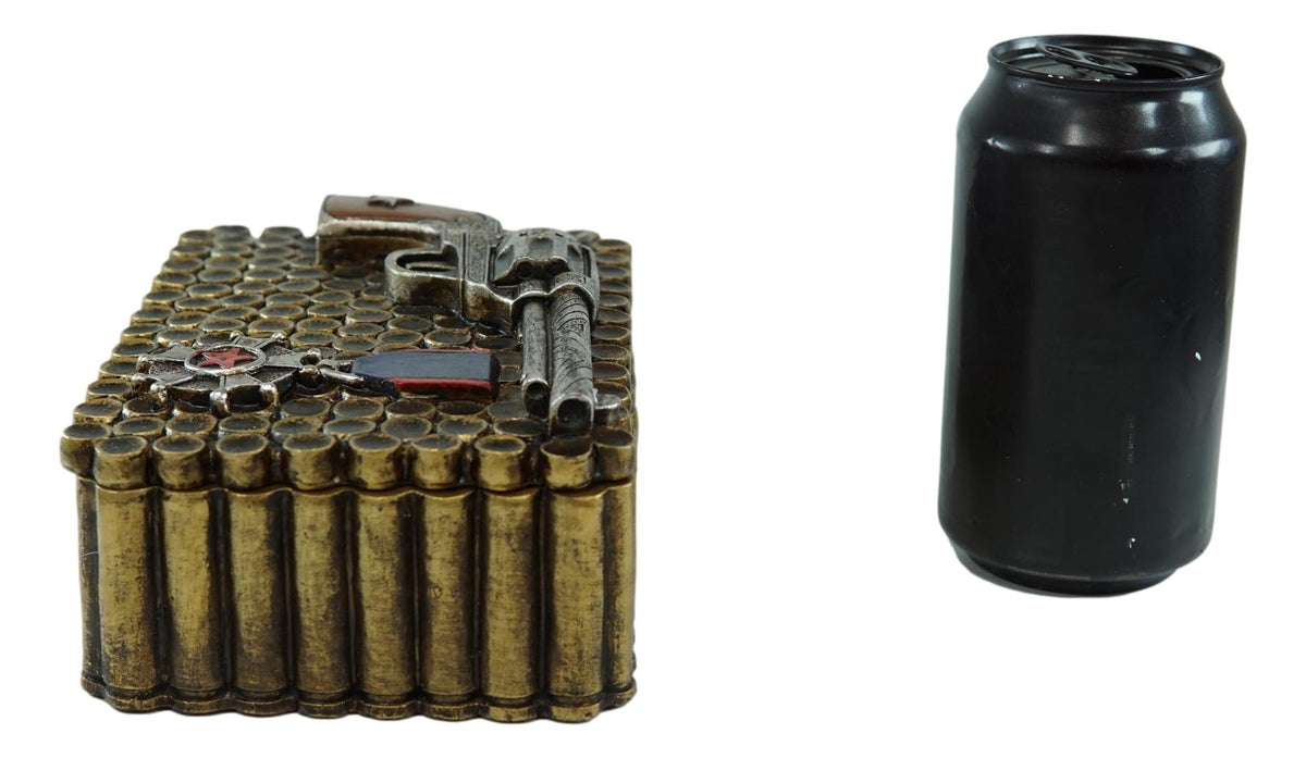 Western Six Shooter Pistol Ammo Shells Gold Tone Bullets Decorative Box 5"L