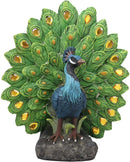 Ebros Iridescent Peacock With Gold Gemstone Train Feathers Solar LED Light Statue 11"H