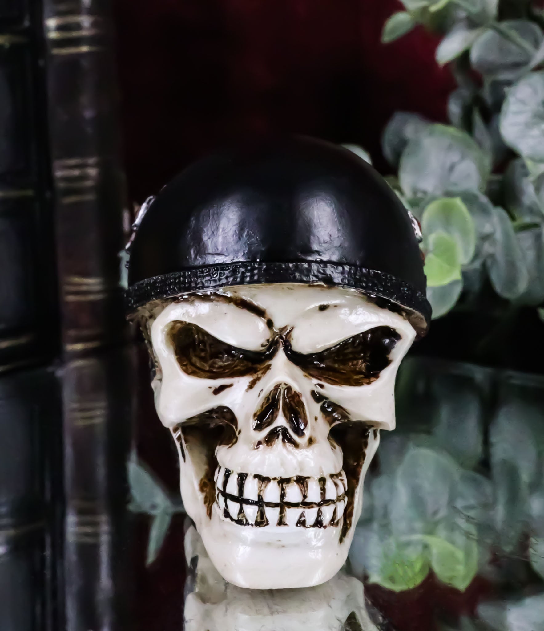 Day of The Dead Biker Skull Skeleton with Red Cross Black Helmet