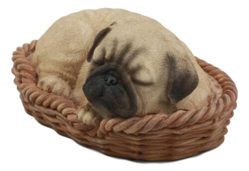 Ebros Realistic Pug Dog Sleeping In Wicker Basket Statue Pet Pal Pugsy Figurine