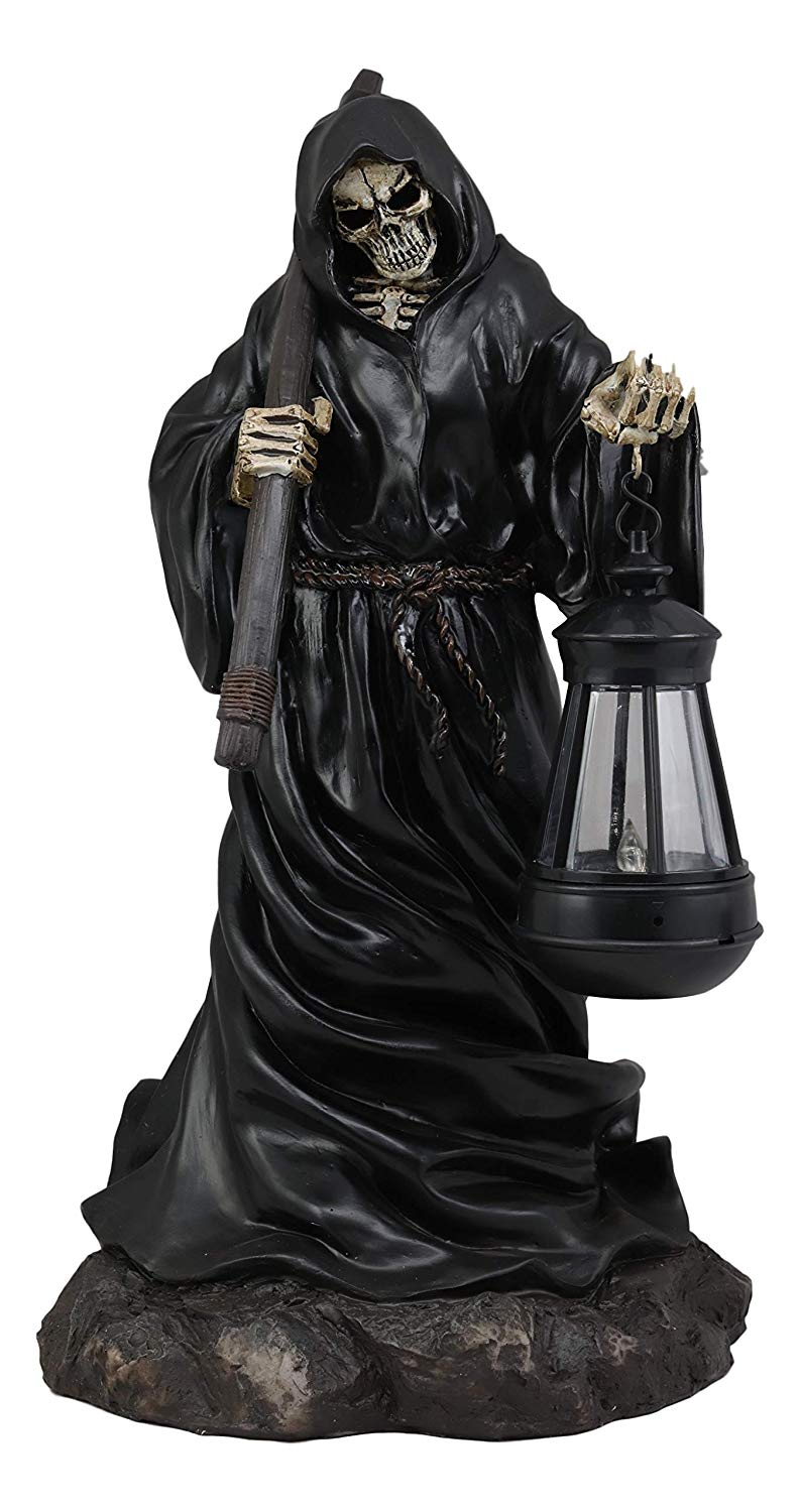 Ebros Large 16.5"Tall Beacon of The Styx River Grim Reaper Charon Holding Scythe and Solar Powered Lantern LED Light Statue Deadly Wraith Transporting Lost Souls Spooky Halloween Patio Decor Figurine