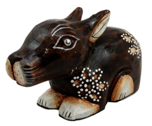 Balinese Wood Handicrafts Crouching Bunny Rabbit With Floral Tattoo Figurine 6"L