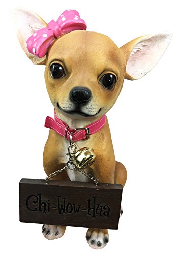 Adorable Pink Ribbon Teacup Chihuahua Dog Large Figurine W/ Welcome Sign Statue