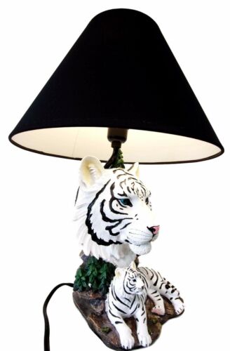 Ebros White Rare Alaskan Tiger Desktop Table Lamp Statue With Black Fabric Shade