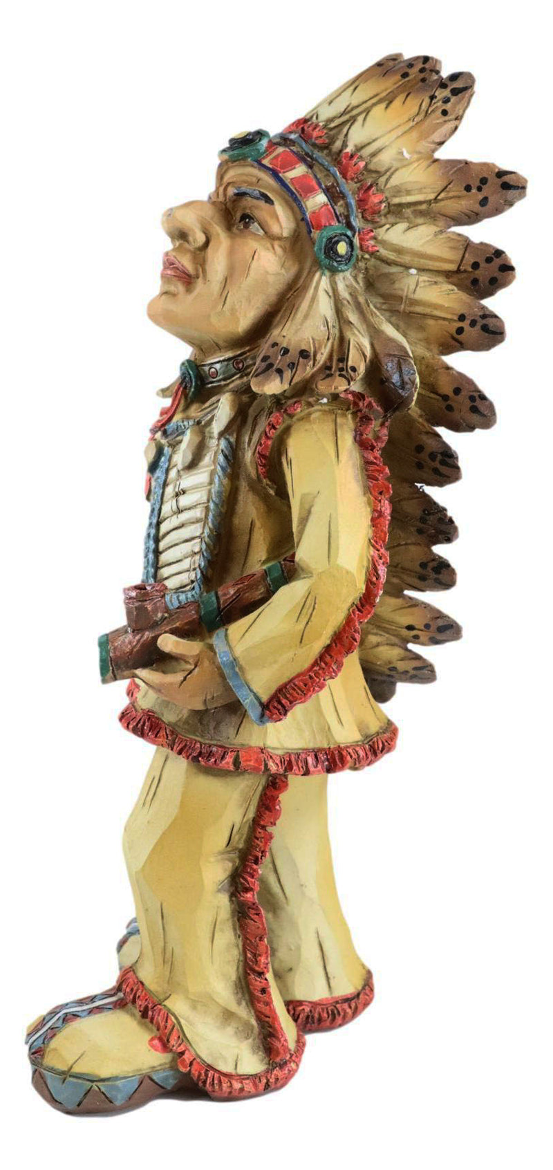 Native American Indian Warrior Chief With Chalumet Pipe Faux Wood Resin Figurine