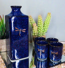 Japanese 14oz Ceramic Midnight Blue Dragonfly Tombo Sake Set Flask With Four Cups