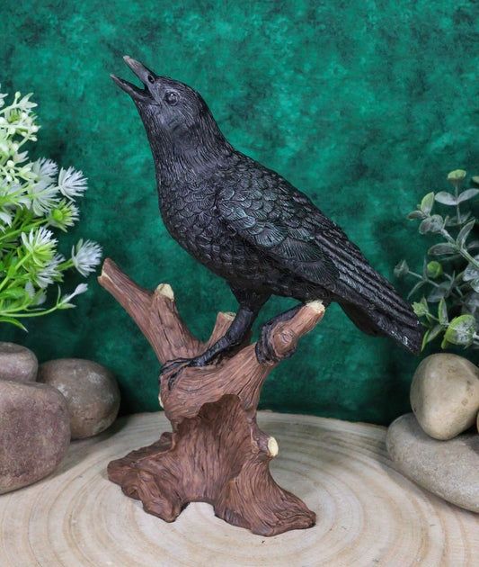 Ebros Crowing Raven Perched On Tree Branch 8.25" Tall Scavenger Bird Figurine