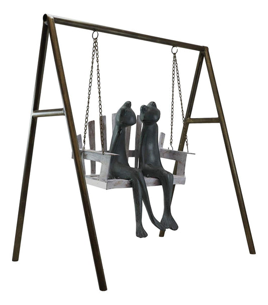 Ebros Gift 27.5" Tall Aluminum Metal Whimsical Love is in The Air Frog Couple Sitting On Porch Swing Garden Statue Frogs Patio Pool Pond Lawn Yard Decorative Sculpture Feng Shui Zen Accent - Ebros Gift