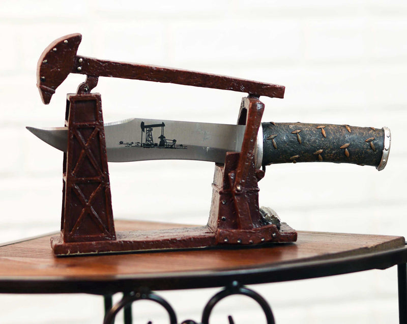 Vintage Rustic Pumpjack Oil Derrick Rig Display With Decorative Dagger Knife Set
