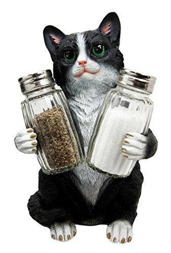 Ebros Black and White Furry Feline Kitty Cat Salt Pepper Shakers Holder 8.25" H