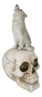 Gothic Full Moon Howling Gray Wolf Sitting On Graveyard Macabre Skull Figurine