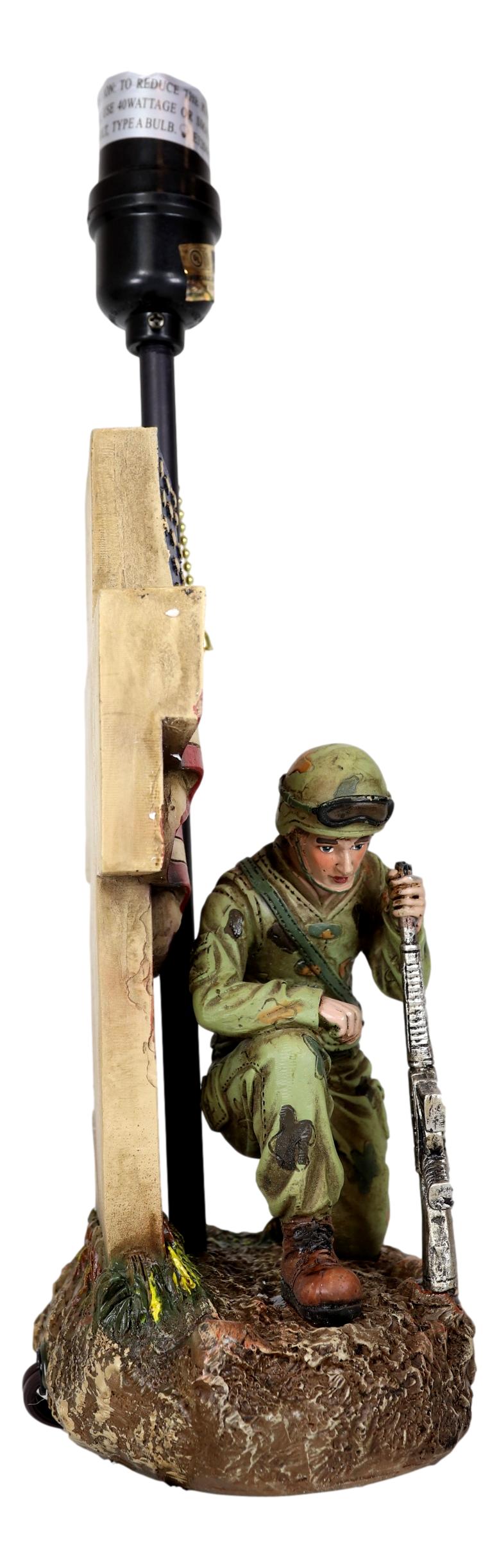 Patriotic Soldier With Rifle Kneeling By American Flag Cross Memorial Table Lamp